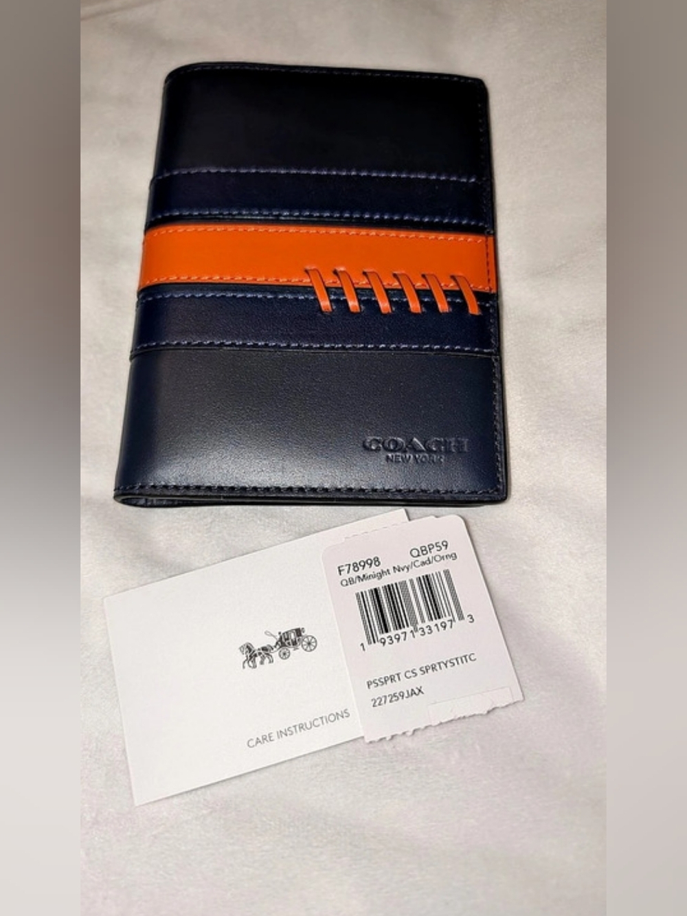 Coach Leather Signature C Passport Case Sporty Stitch Blue Orange NWT